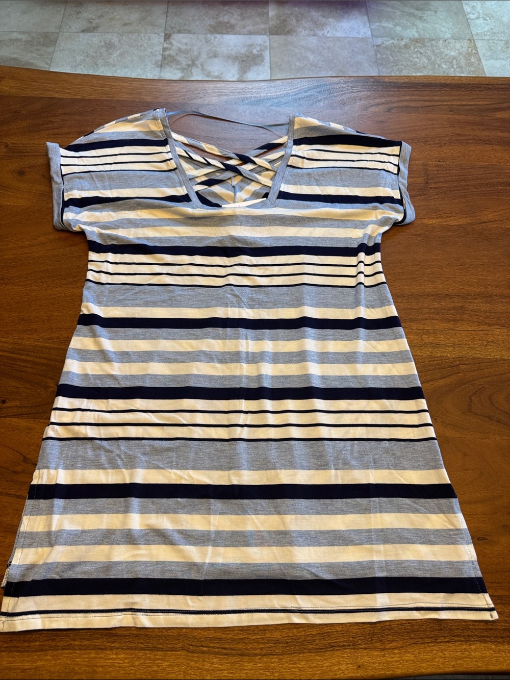 Cable & Gauge Navy, White & Light Gray Striped V-Neck Tee